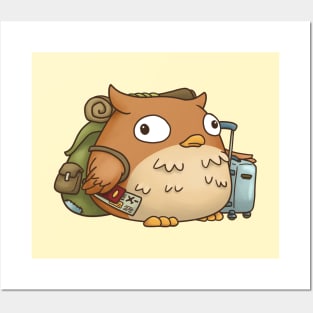 Cute Fat Owl with Traveling Backpack and Luggage Posters and Art